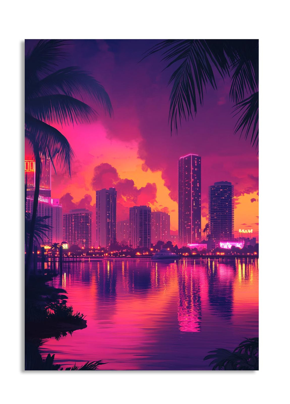 City skyline with palm trees and a vibrant purple and pink sky, as a premium aluminum metal print from GoMetalPrint.
