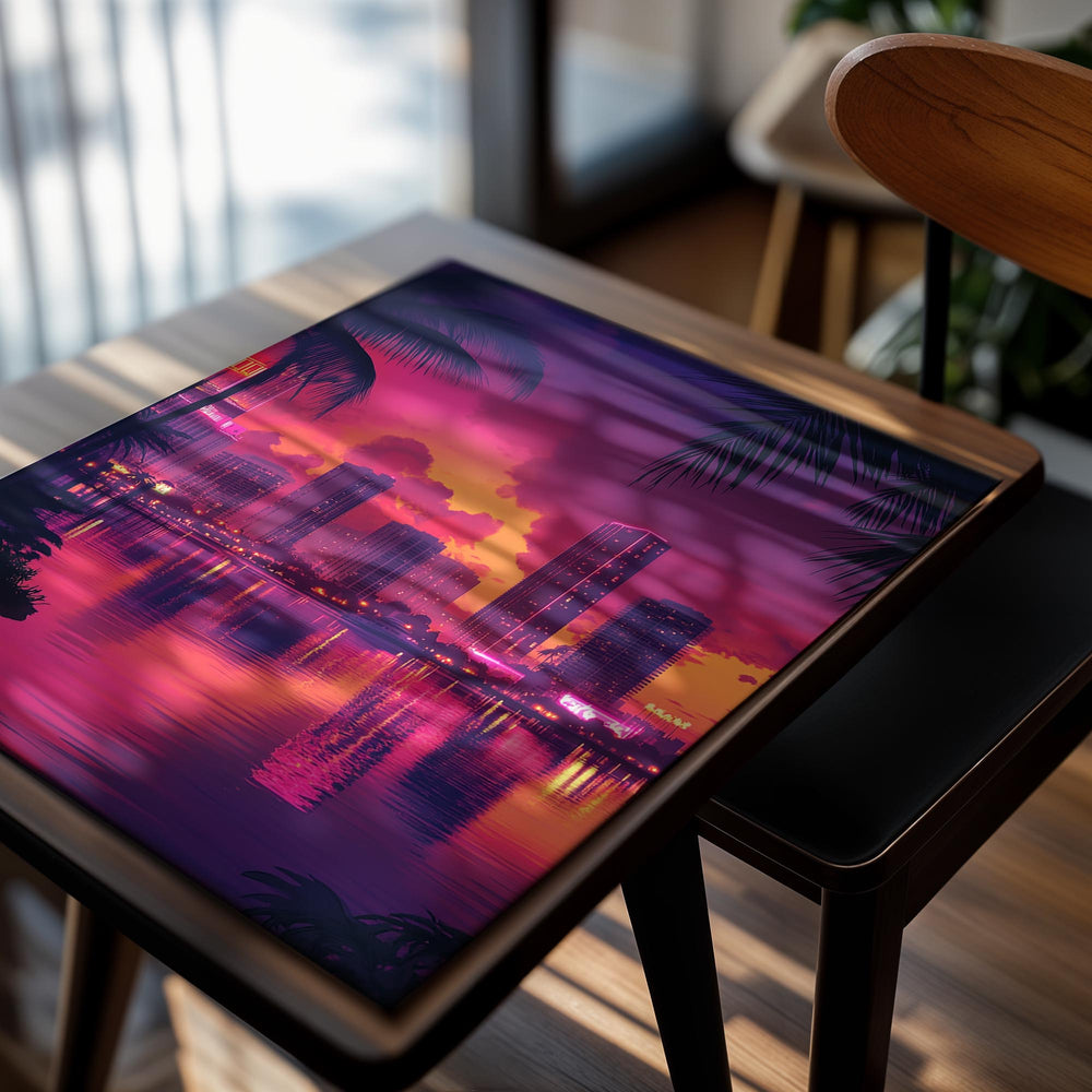 City skyline with palm trees and a vibrant purple and pink sky, as a premium aluminum metal print from GoMetalPrint.
