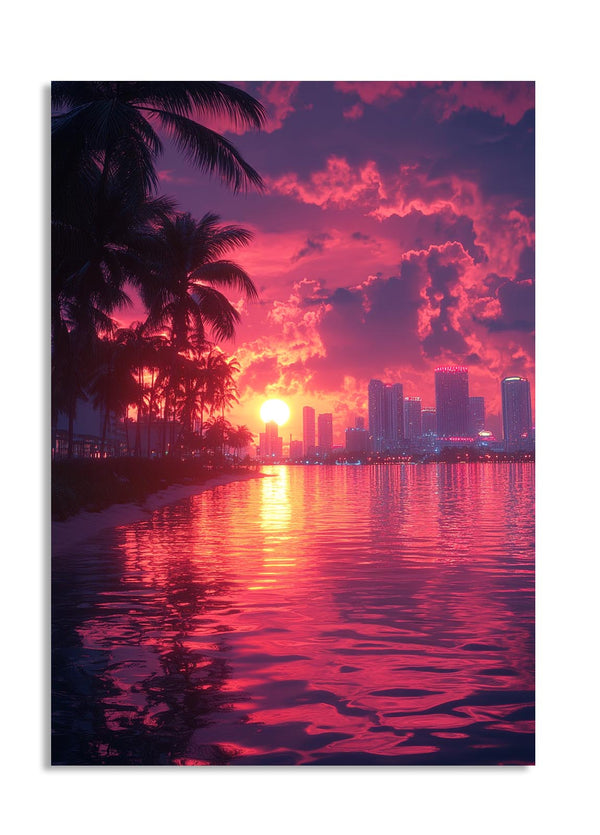 Sunset over a city skyline reflected in water with palm trees, as a premium aluminum metal print from GoMetalPrint.
