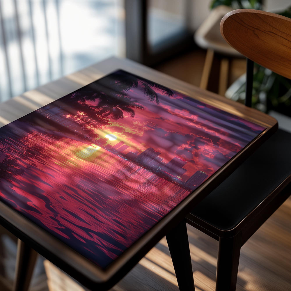 Sunset over a city skyline reflected in water with palm trees, as a premium aluminum metal print from GoMetalPrint.
