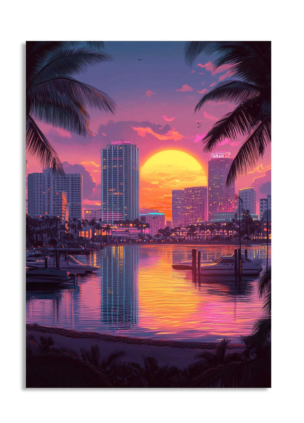 City skyline with a sunset over water and palm trees, as a premium aluminum metal print from GoMetalPrint.
