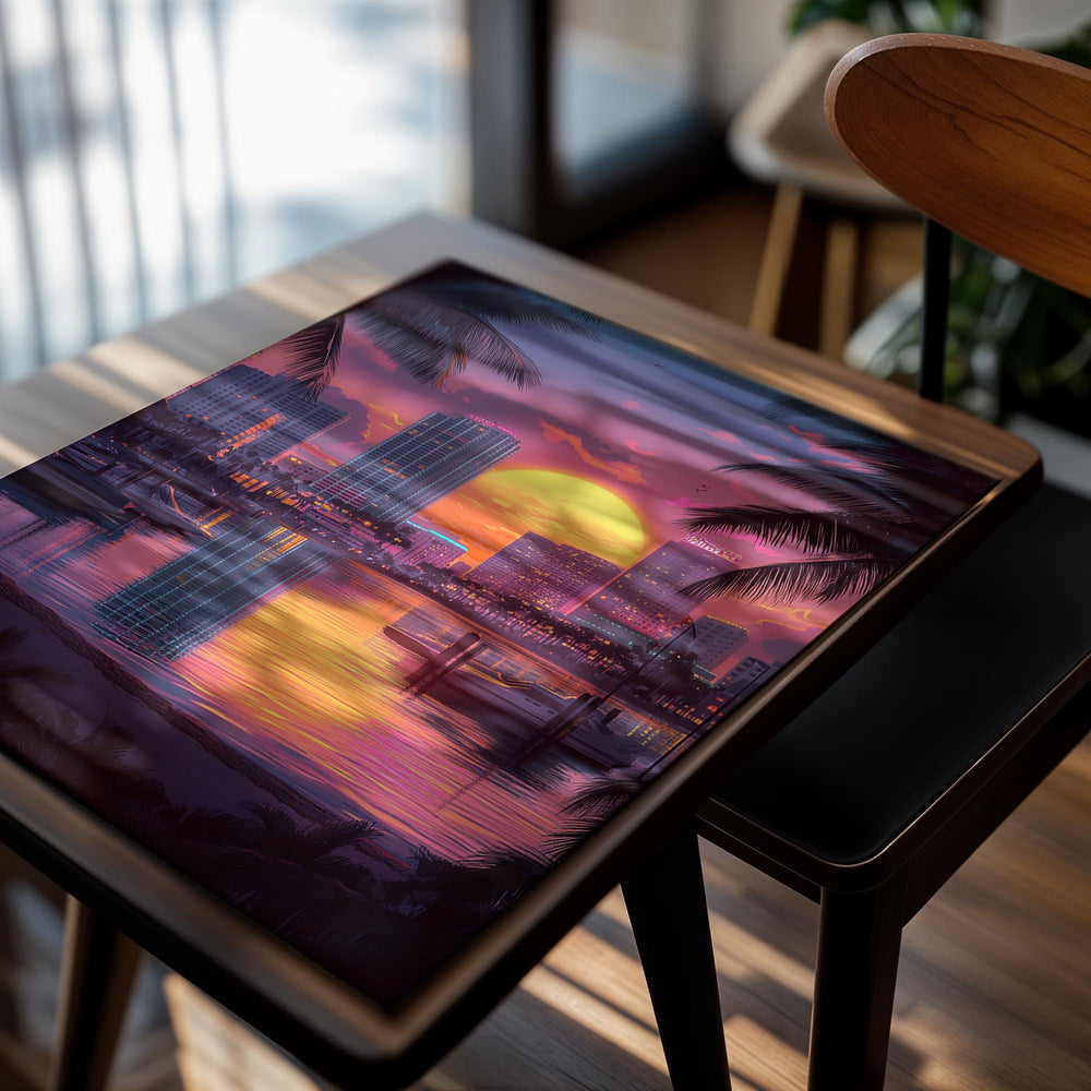 City skyline with a sunset over water and palm trees, as a premium aluminum metal print from GoMetalPrint.
