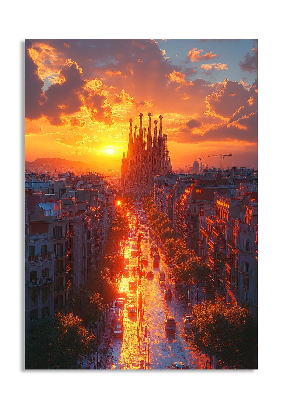 Sunset over a city street with a prominent building in the background, as a premium aluminum metal print from GoMetalPrint.
