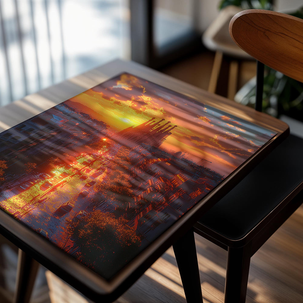 Sunset over a city street with a prominent building in the background, as a premium aluminum metal print from GoMetalPrint.
