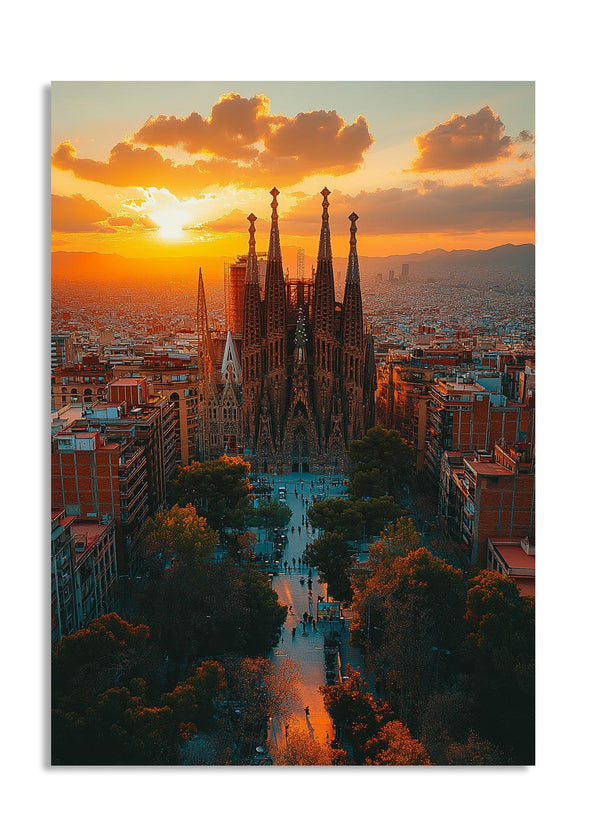 Sunset over the city with a prominent cathedral-like structure, as a premium aluminum metal print from GoMetalPrint.
