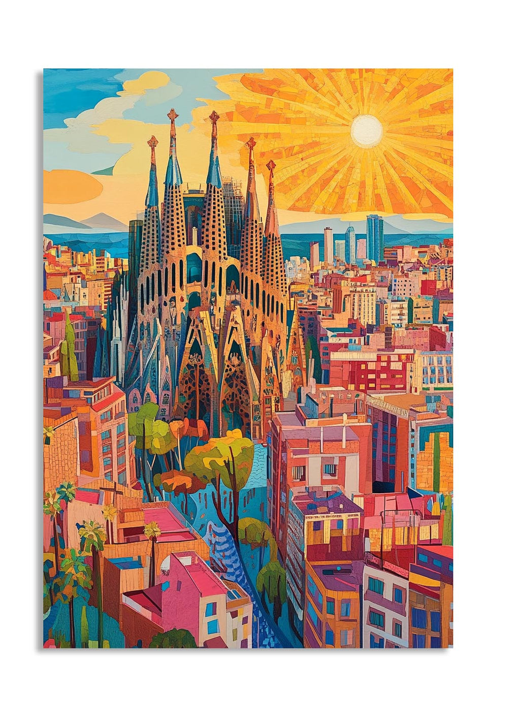 Colorful illustration of a cityscape with a prominent building, likely a cathedral, under a bright sun, as a premium aluminum metal print from GoMetalPrint.
