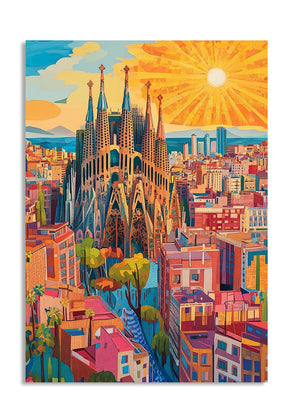 Colorful illustration of a cityscape with a prominent building, likely a cathedral, under a bright sun, as a premium aluminum metal print from GoMetalPrint.
