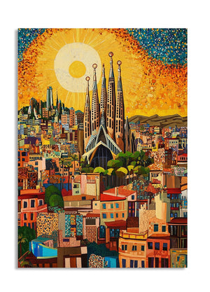 Colorful cityscape painting with a prominent building under a bright sun, as a premium aluminum metal print from GoMetalPrint.
