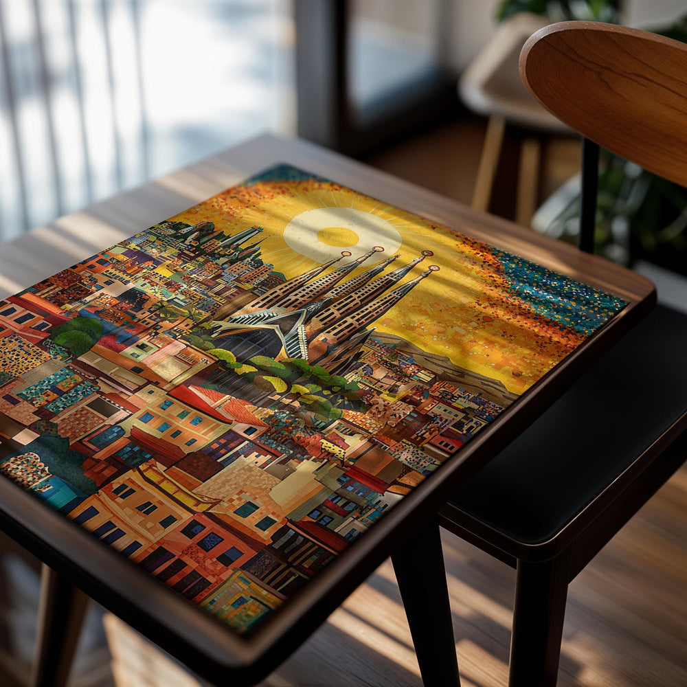 Colorful cityscape painting with a prominent building under a bright sun, as a premium aluminum metal print from GoMetalPrint.
