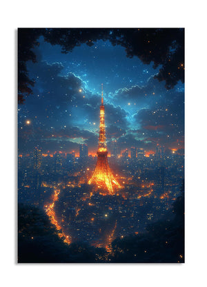 illuminated tower against a night sky with stars, as a premium aluminum metal print from GoMetalPrint.
