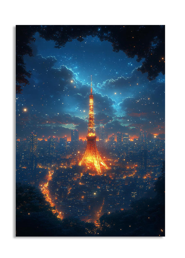  illuminated tower against a night sky with stars, as a premium aluminum metal print from GoMetalPrint.
