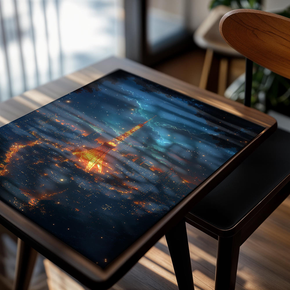  illuminated tower against a night sky with stars, as a premium aluminum metal print from GoMetalPrint.
