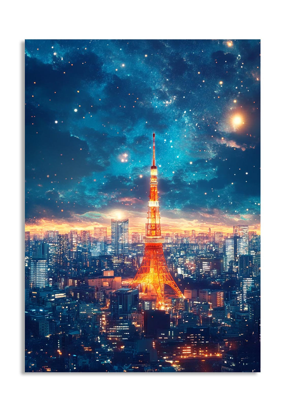 Cityscape with illuminated Tokyo Tower against a starry night sky, as a premium aluminum metal print from GoMetalPrint.
