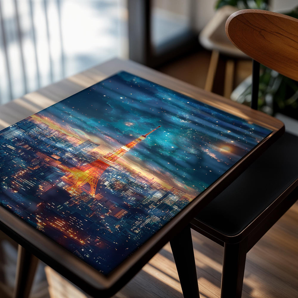 Cityscape with illuminated Tokyo Tower against a starry night sky, as a premium aluminum metal print from GoMetalPrint.

