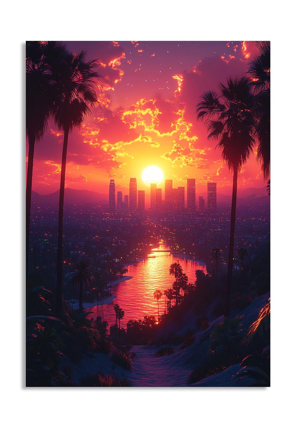 City skyline with palm trees and a vibrant sunset, as a premium aluminum metal print from GoMetalPrint.
