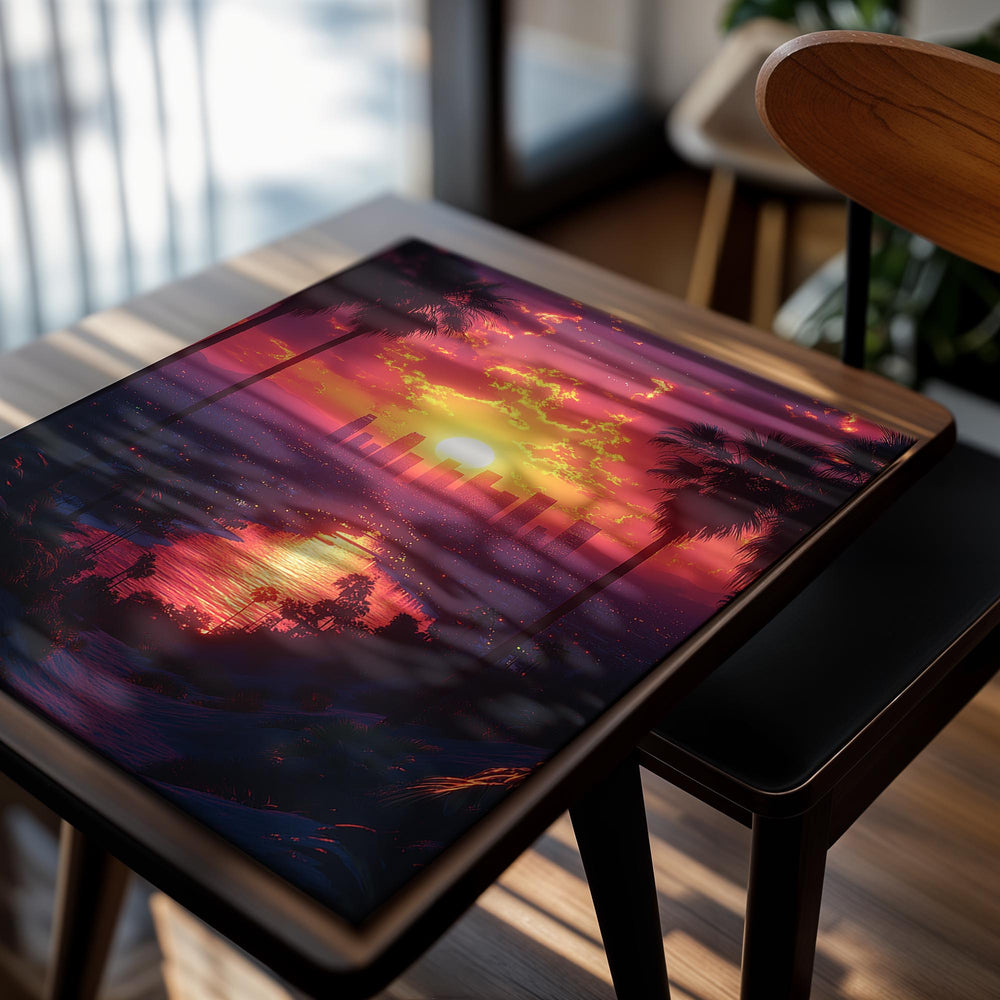 City skyline with palm trees and a vibrant sunset, as a premium aluminum metal print from GoMetalPrint.
