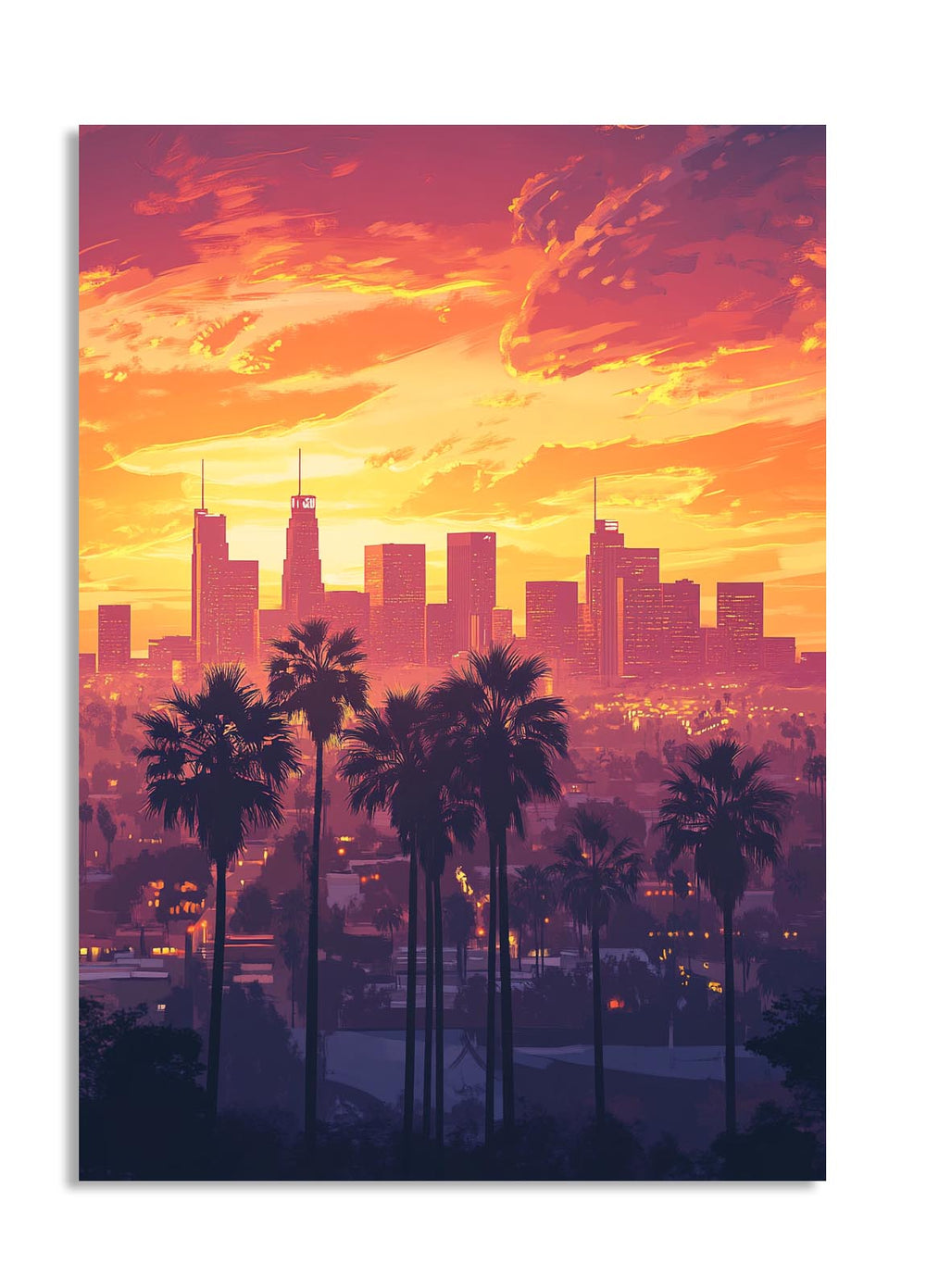 City skyline with palm trees during a vibrant sunset, as a premium aluminum metal print from GoMetalPrint.
