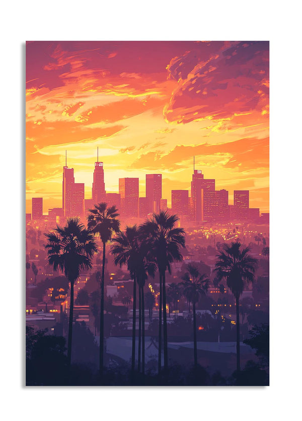 City skyline with palm trees during a vibrant sunset, as a premium aluminum metal print from GoMetalPrint.
