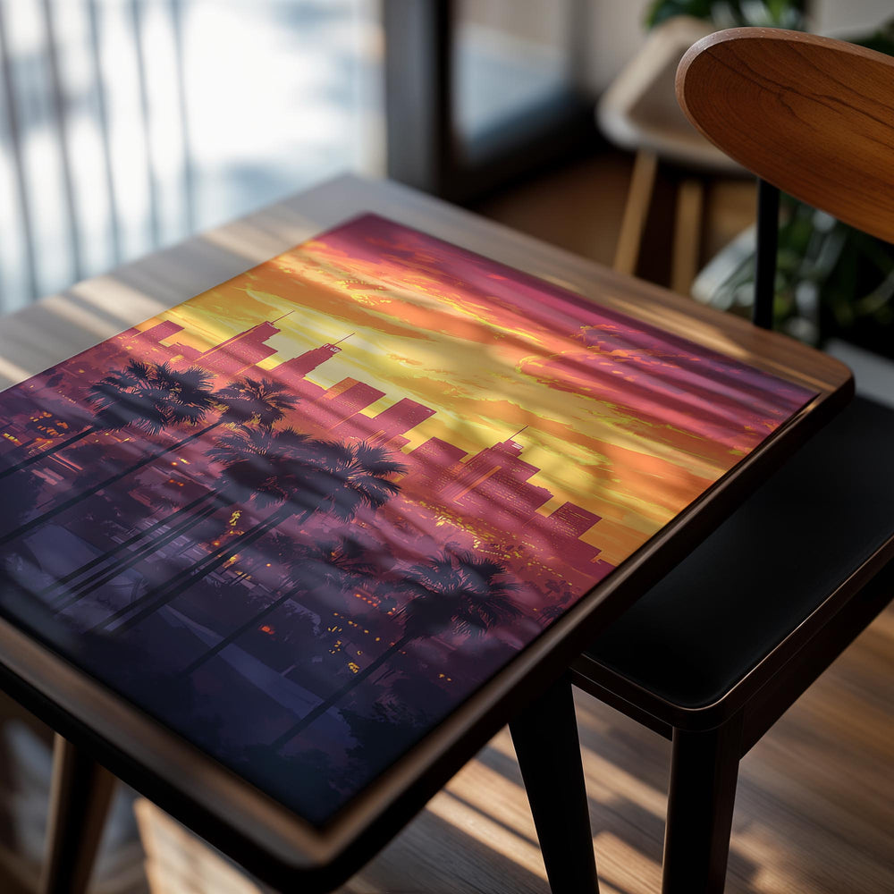 City skyline with palm trees during a vibrant sunset, as a premium aluminum metal print from GoMetalPrint.
