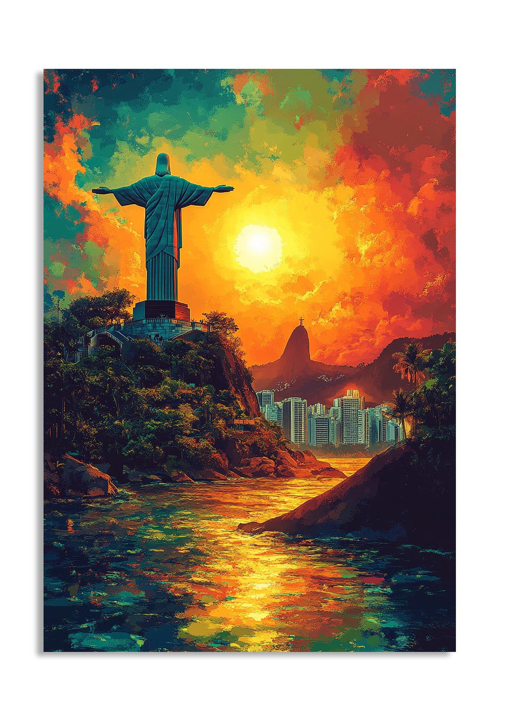 Statue of Christ the Redeemer with a vibrant sunset sky in Rio de Janeiro, as a premium aluminum metal print from GoMetalPrint.
