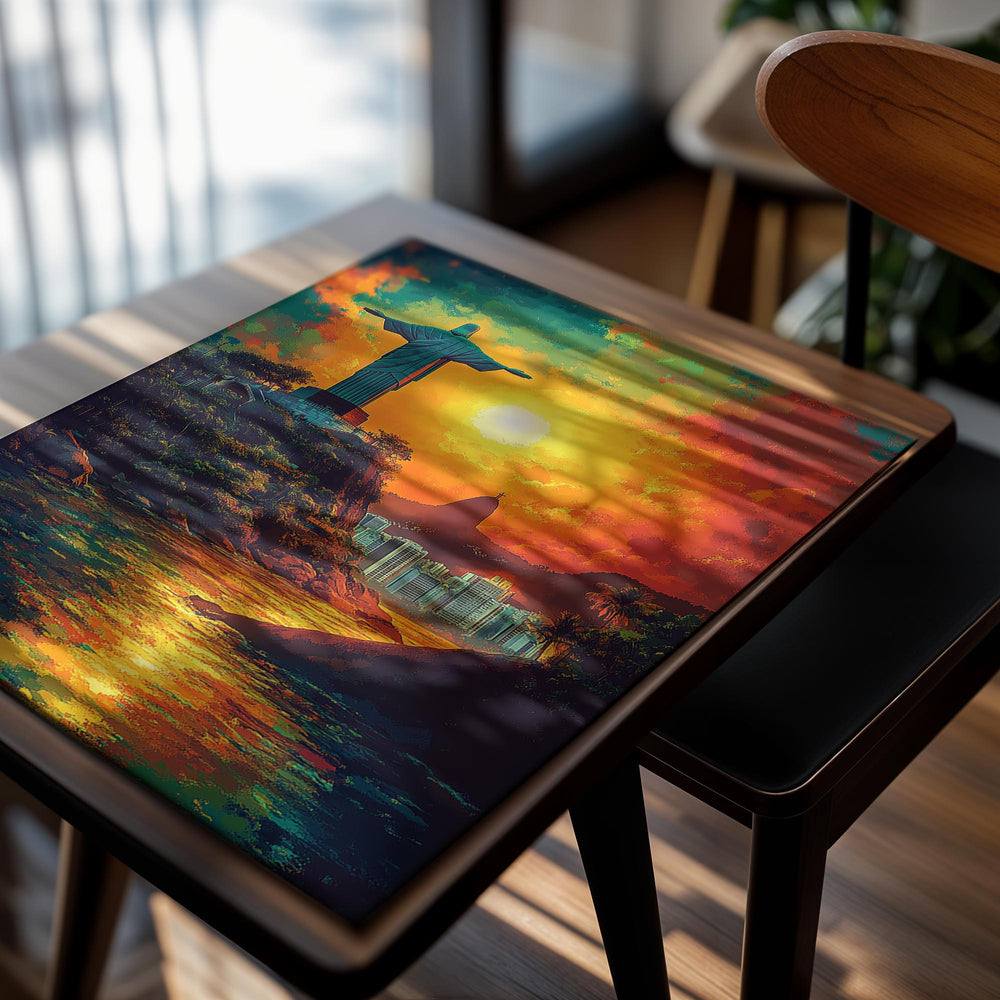 Statue of Christ the Redeemer with a vibrant sunset sky in Rio de Janeiro, as a premium aluminum metal print from GoMetalPrint.
