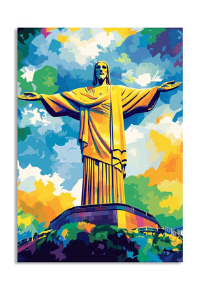 Colorful depiction of the Christ the Redeemer statue against a blue sky with clouds, as a premium aluminum metal print from GoMetalPrint.
