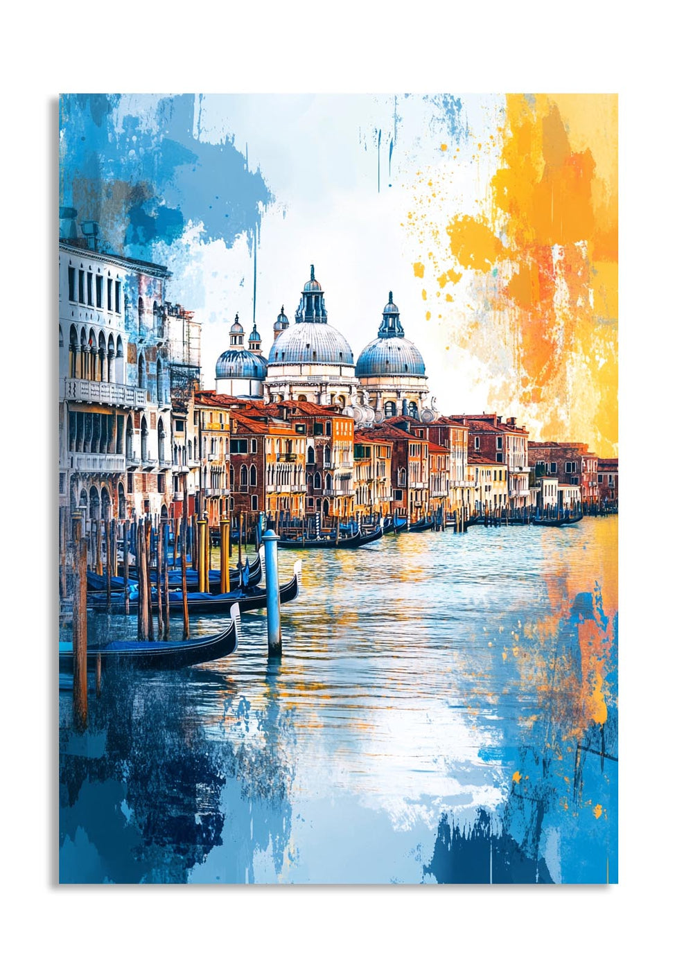 Colorful abstract painting of a Venetian canal with buildings and boats, as a premium aluminum metal print from GoMetalPrint.
