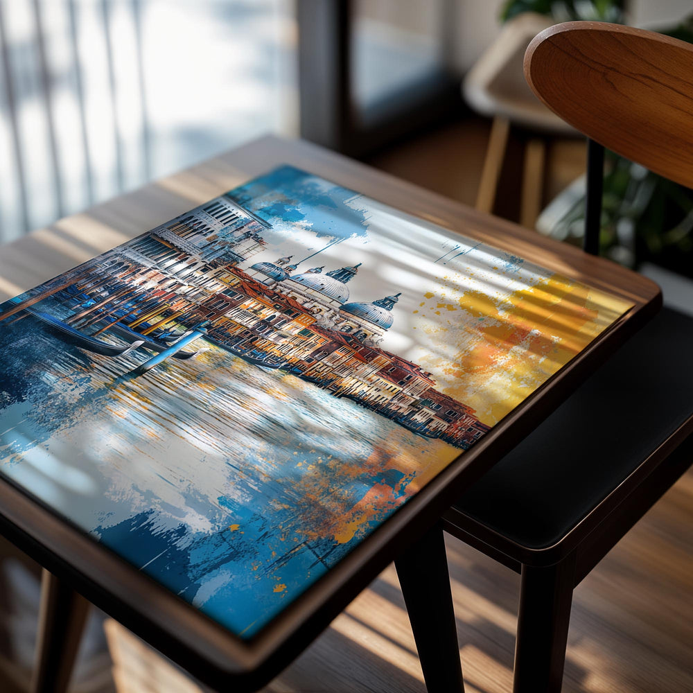 Colorful abstract painting of a Venetian canal with buildings and boats, as a premium aluminum metal print from GoMetalPrint.
