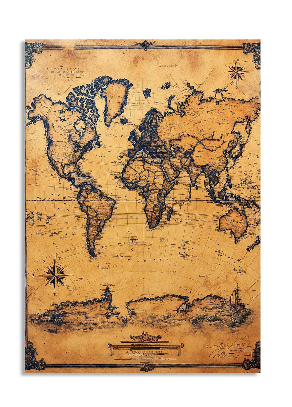 Vintage-style world map on a white background, as a premium aluminum metal print from GoMetalPrint.
