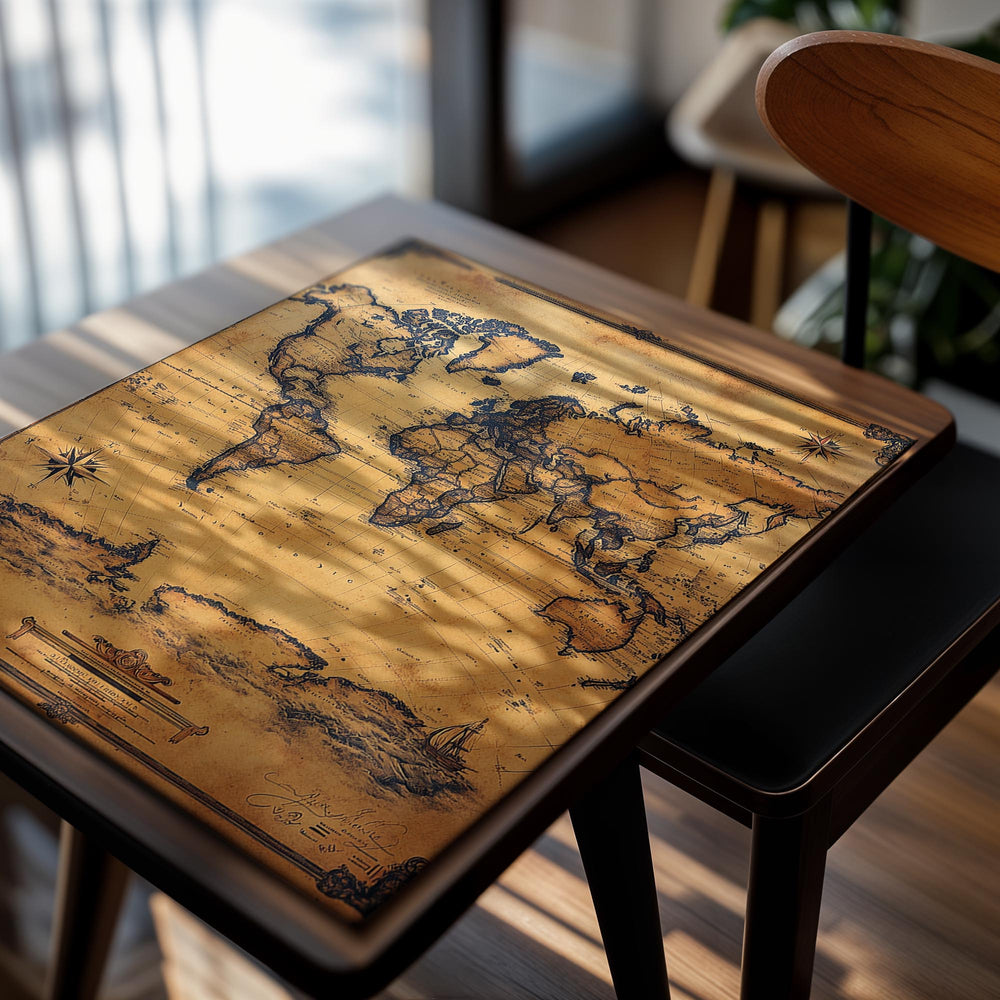 Vintage-style world map on a white background, as a premium aluminum metal print from GoMetalPrint.
