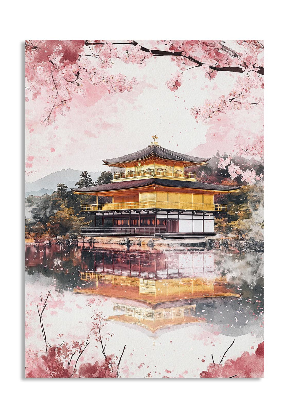 Traditional Japanese building with cherry blossoms and reflection in water, as a premium aluminum metal print from GoMetalPrint.
