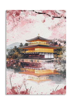 Traditional Japanese building with cherry blossoms and reflection in water, as a premium aluminum metal print from GoMetalPrint.
