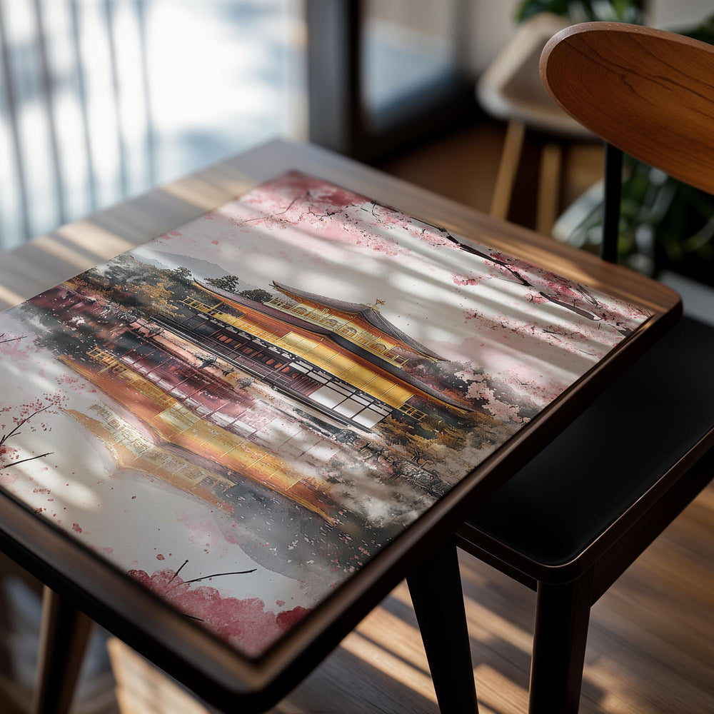 Traditional Japanese building with cherry blossoms and reflection in water, as a premium aluminum metal print from GoMetalPrint.
