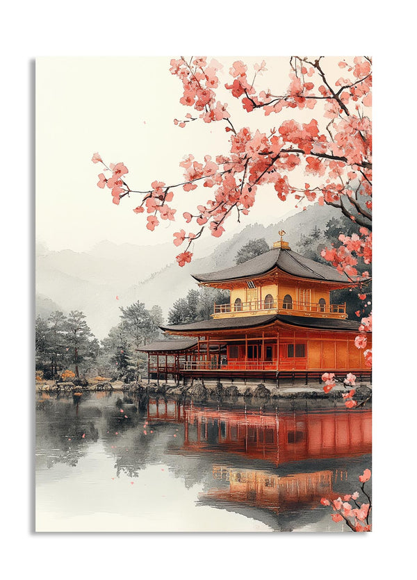Traditional Japanese building with cherry blossoms and reflection in water, as a premium aluminum metal print from GoMetalPrint.
