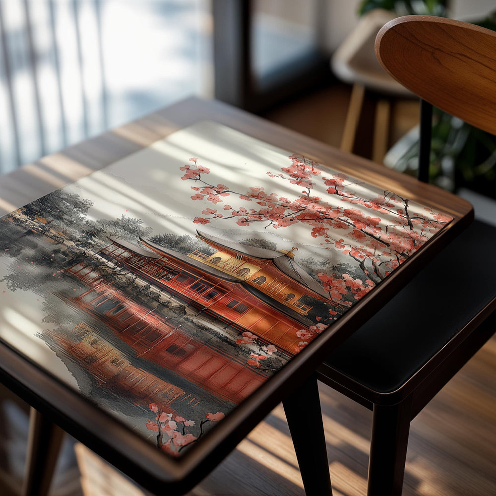 Traditional Japanese building with cherry blossoms and reflection in water, as a premium aluminum metal print from GoMetalPrint.
