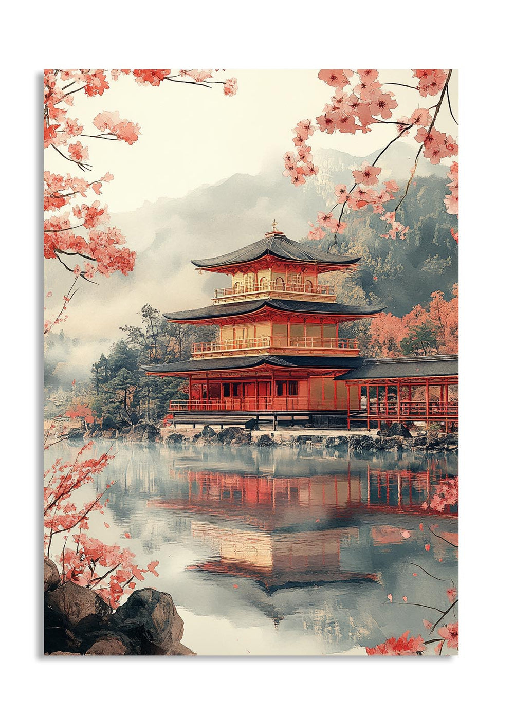 Traditional Japanese pagoda with cherry blossoms around it, as a premium aluminum metal print from GoMetalPrint.
