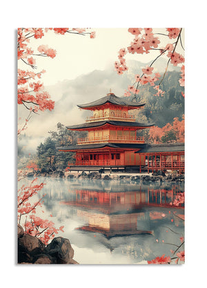 Traditional Japanese pagoda with cherry blossoms around it, as a premium aluminum metal print from GoMetalPrint.
