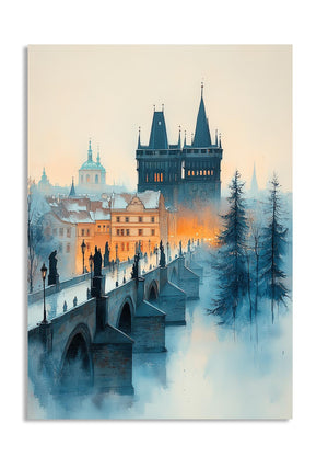 Cityscape with a bridge, buildings, and trees on a light background, as a premium aluminum metal print from GoMetalPrint.
