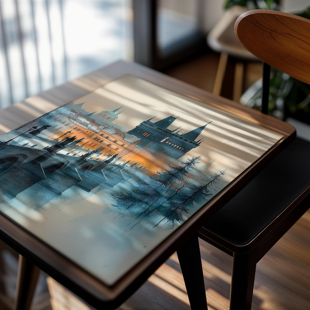 Cityscape with a bridge, buildings, and trees on a light background, as a premium aluminum metal print from GoMetalPrint.
