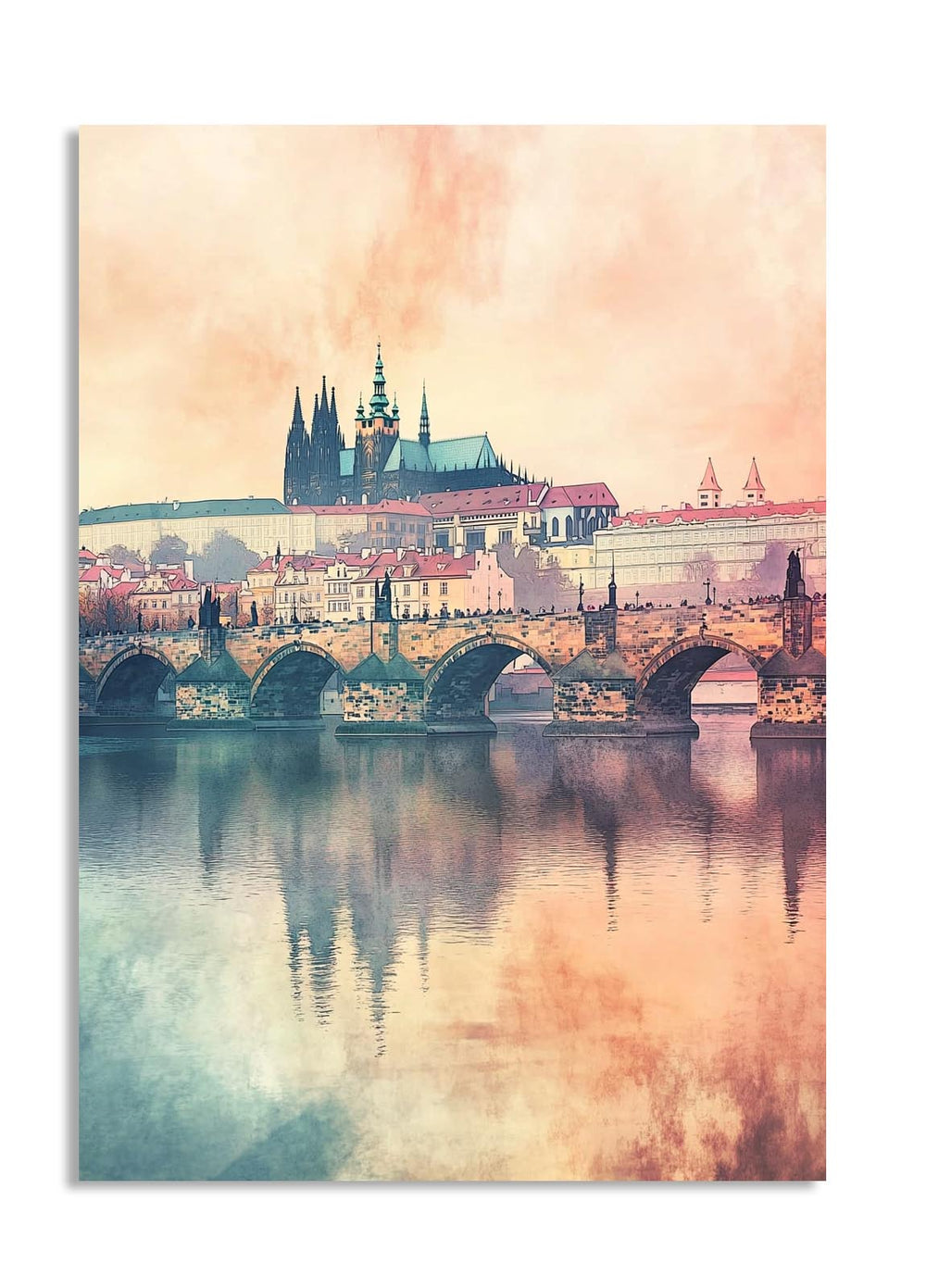 Cityscape with a bridge over water, featuring architectural landmarks, as a premium aluminum metal print from GoMetalPrint.
