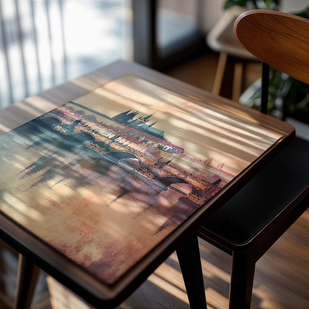 Cityscape with a bridge over water, featuring architectural landmarks, as a premium aluminum metal print from GoMetalPrint.

