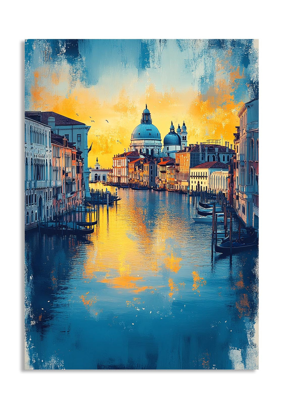 Artistic depiction of a cityscape with a canal and buildings, illuminated by warm lights, as a premium aluminum metal print from GoMetalPrint.
