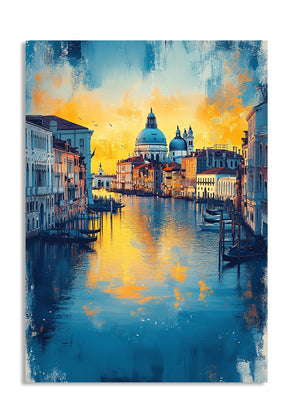 Artistic depiction of a cityscape with a canal and buildings, illuminated by warm lights, as a premium aluminum metal print from GoMetalPrint.
