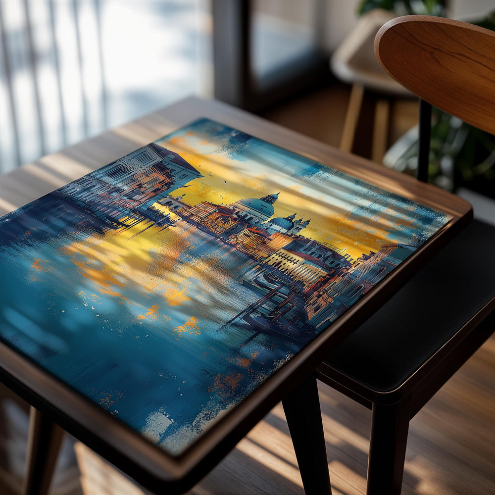 Artistic depiction of a cityscape with a canal and buildings, illuminated by warm lights, as a premium aluminum metal print from GoMetalPrint.
