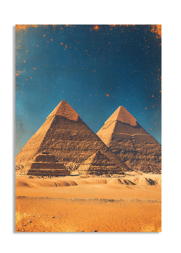 Two pyramids in a desert landscape with a blue sky, as a premium aluminum metal print from GoMetalPrint.
