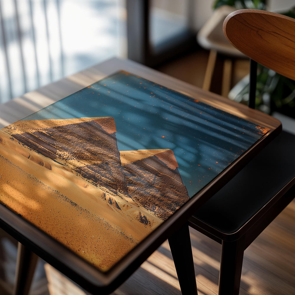 Two pyramids in a desert landscape with a blue sky, as a premium aluminum metal print from GoMetalPrint.
