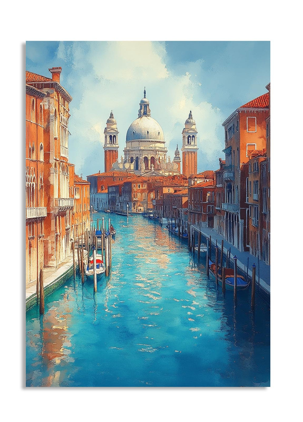 Painting of a canal scene with a prominent dome in the background, as a premium aluminum metal print from GoMetalPrint.
