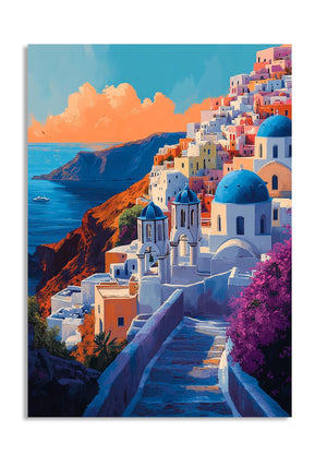 Colorful Greek island village with blue domes and steps leading down to the sea, as a premium aluminum metal print from GoMetalPrint.
