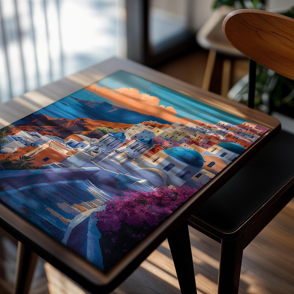 Colorful Greek island village with blue domes and steps leading down to the sea, as a premium aluminum metal print from GoMetalPrint.
