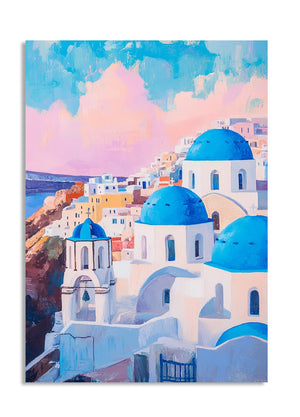Painting of a picturesque coastal scene with blue domed buildings and pastel sky , as a premium aluminum metal print from GoMetalPrint.
